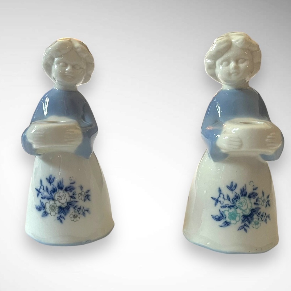 LILIENTHAL Vintage Pair Handpainted Porcelain Swedish Girls Candle Holders | EUC